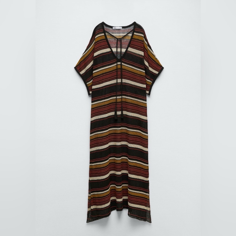 Zara Striped Knit Maxi Cover-Up Dress M/L Red Black Gold Beach Swim Cover Up